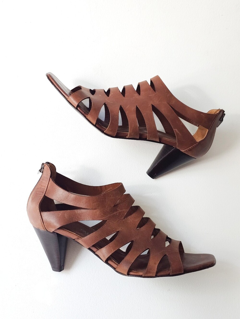 Aquatalia by Marvin K Brown Leather Cage Gladiator Heeled Sandals Size 9 Italy